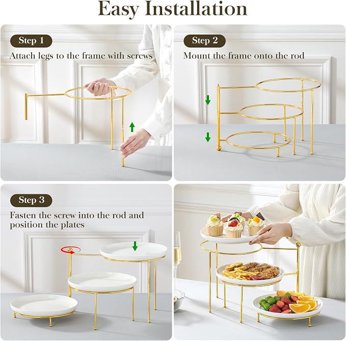 MALACASA White 3 Tier Serving Tray Stand with Gold Rack, 10 Inch Porcelain Tiered Dessert Stand, Cupcake Fruit Display Tower, Serving Platters for Party, Appetizer Tray, Dessert Table Display