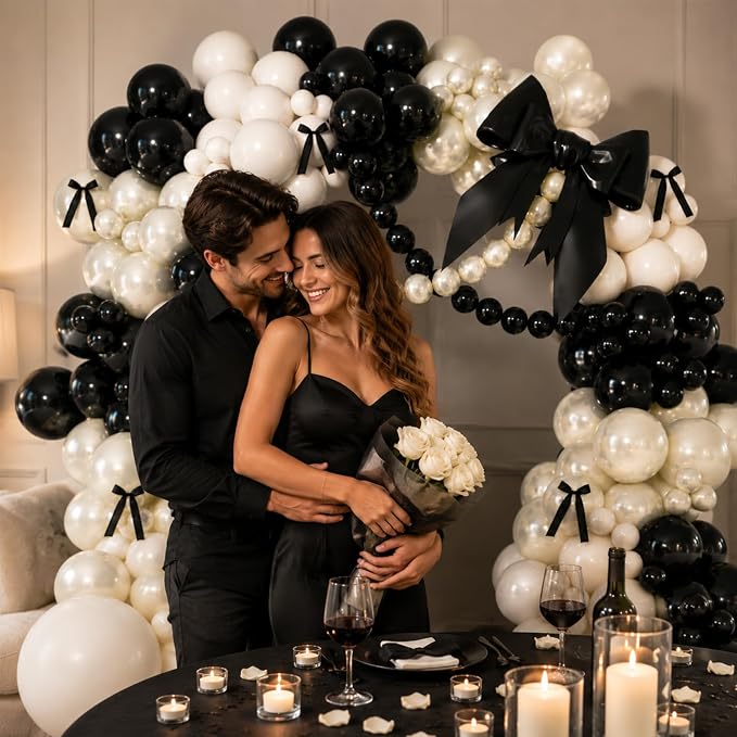 Black Bow Balloon Arch Kit, Double Stuffed Black White Bow Coquette Birthday Decorations for Bachelorette Bridal Shower Wedding Engagement Prom Party Decorations with Pre-Tied Bows