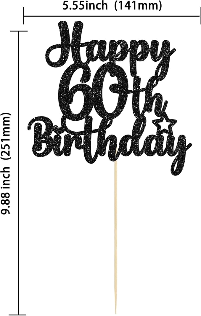 Gyufise 1 Pc Happy 60th Birthday Cake Topper, Black, Cheers to 60 Years Old, 60th Birthday Cake Pick, Non-Edible, 5.5" x 9.1"
