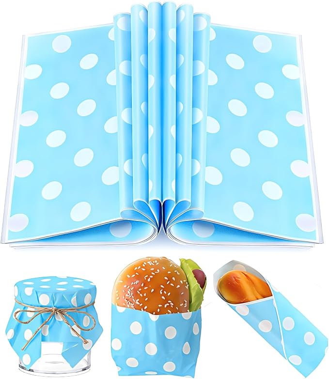 Gersoniel 150pcs Wax Paper Sheet for Food Dot Printed Bakery Tissue Greaseproof Disposable Wrapping Paper for Sandwich Food Picnic Baskets Liner Wedding Birthday Party Supplies(Blue,9.84x8.27'')