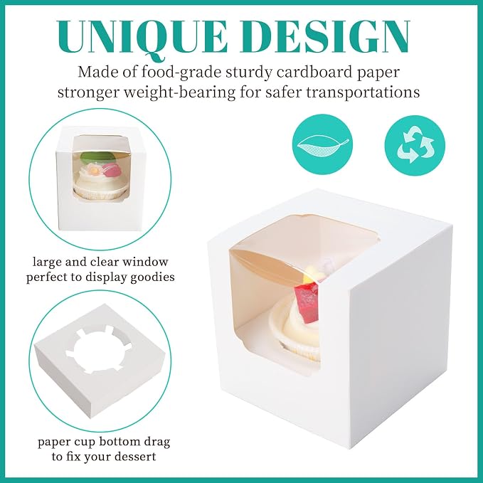 NPLUX 50 Pcs Cupcake Boxes Individual Cupcake Containers Pre-Assembled Single Cupcake Boxes 3.5"x3.5"x3.5" with 50 Pcs Inserts for Cupcakes Muffins Party Favors(White)