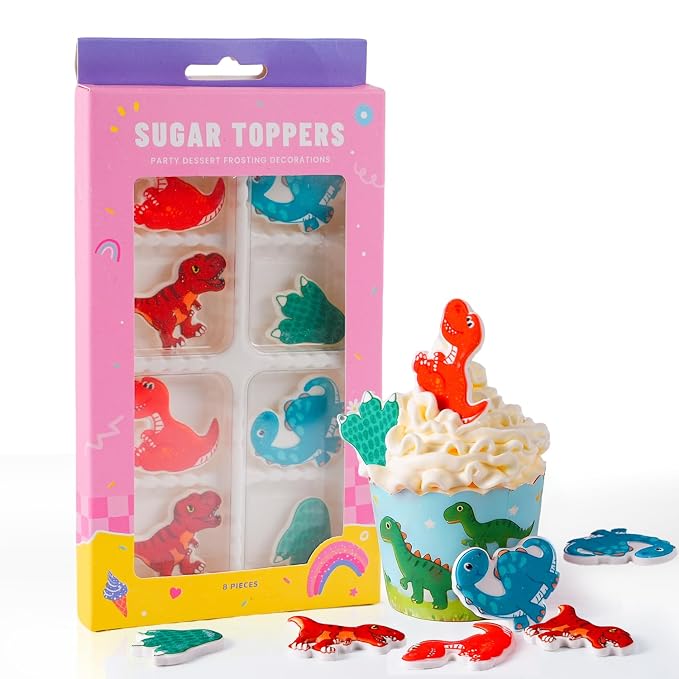Dinosaur Icing Decorations Edible Cake Decoration Royal Dino Icing Decorations for Cakes Cupcake Cookies Cake Decorating - baby Shower Gender Reveal Kids Baking Birthday Party Treats (8 Count)