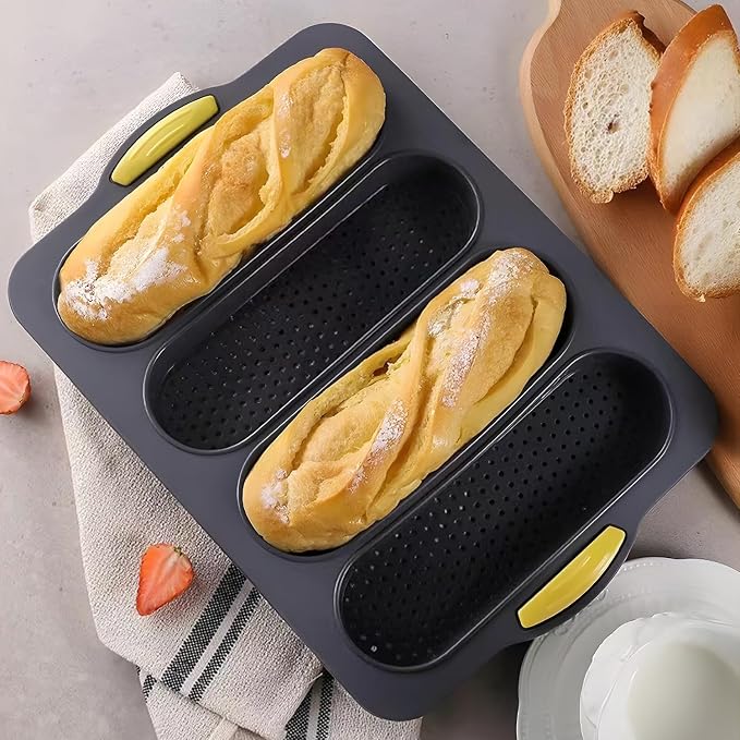 2 Pack Silicone French bread loaf Bread Pan - 4 Hole Non-Stick French Loaf Pan, Reusable Easy Release Baking Tool for Homemade French bread loaves, French Bread, Rolls & Romantic Dinner