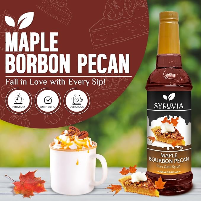 Syruvia Coffee Syrup, Maple Bourbon Pecan Flavored Syrup for Drinks, Lattes, and Desserts – 25.4 fl oz - with Pump