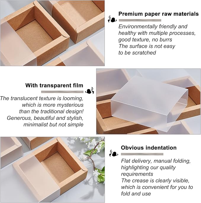 BENECREAT 12 Pack Kraft Paper Gift Boxes with PVC Frosted Cover 4x3.5x1.5 Inch Kraft Paper Drawer Box for Cake Cookie Candy Soap Snacks Weeding Party Favors, BurlyWood