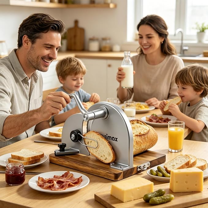 CUSIMAX Manual Bread Slicer for Homemade Sourdough Bread,Hand Crank Bread Slicer with Adjustable Thickness and Stainless Steel Blade,Upgrade Foldable Manual Bread Cutter