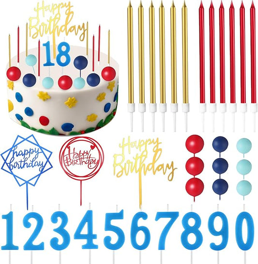 Yerliker 34 Pcs Happy Birthday Cake Toppers Decorations Birthday Candles DIY Cake Decor for Men Women Wedding Anniversary(Blue Red)
