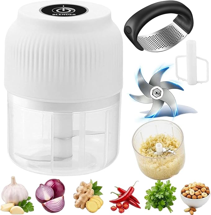 Household Electric Garlic Crusher, 6 blades, 2026 New Mini Garlic Mincer Electric with Lid, 350ml Portable Garlic Chopper for Garlic, Onion, Ginger, Chili and Fruit (White +Manual Crusher)