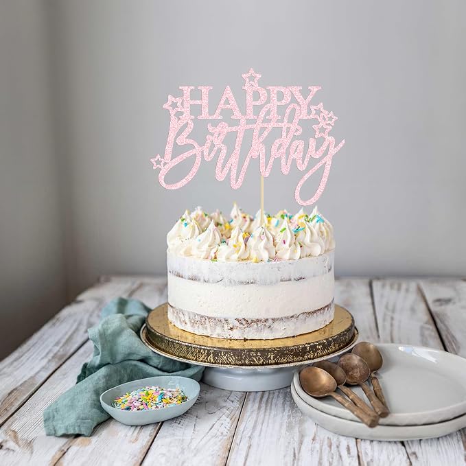 Gyufise 1Pcs Happy Birthday Cake Topper Glitter Happy Birthday Cake Pick for Celebrating Happy Birthday Anniversary Theme Party Cake Decorations Supplies Pale Pink