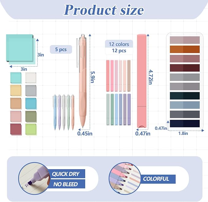 Jutom 39 Pcs Aesthetic Book Annotation Kit Highlighter with Case Bag Gel Pen Transparent Sticky Note Taking Bible Supplies(Black,Cute Style)