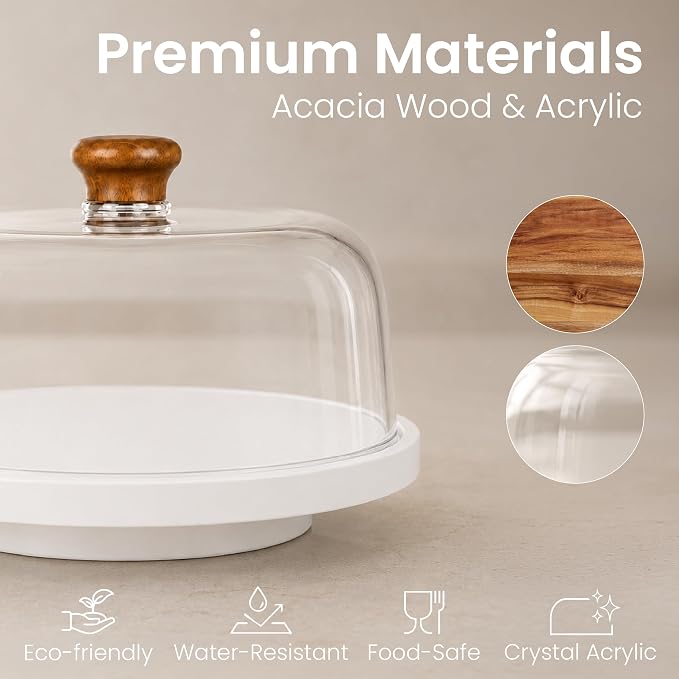 Rotating Acacia Wood Cake Stand with Lid Anti-Mold 12 Inch - 2-in-1 Wooden Charcuterie Board - Covered Dessert Plate with Acrylic Dome - Vintage Pastry Display - Tall Domed Serving Stand Platter - White