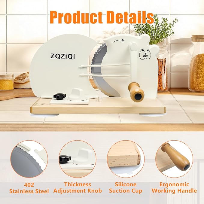 Manual Bread Slicer for Homemade Sourdough Bread with Strong Suction Base | 0-0.75" Adjustable Thickness, 402 Stainless Steel Blade, Beech Wood Base, Homemade Bread Toast Bagel Cutter