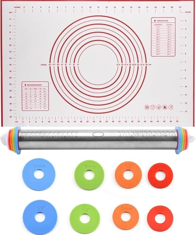 Rolling Pin and Silicone Baking Pastry Mat Set, Stainless Steel Dough Roller with Adjustable Thickness Rings, for Pizza, Pie, Pastries, Pasta, Cookies (Red)