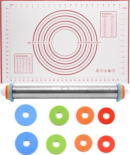 Rolling Pin and Silicone Baking Pastry Mat Set, Stainless Steel Dough Roller with Adjustable Thickness Rings, for Pizza, Pie, Pastries, Pasta, Cookies (Red)