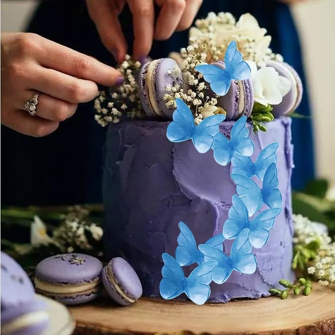 52 pcs edible wafer paper butterfly cake decoration, Cupcake topper multicolor butterfly decorative paper suitable for weddings birthdays Christmas cocktails (Watercolor blue)