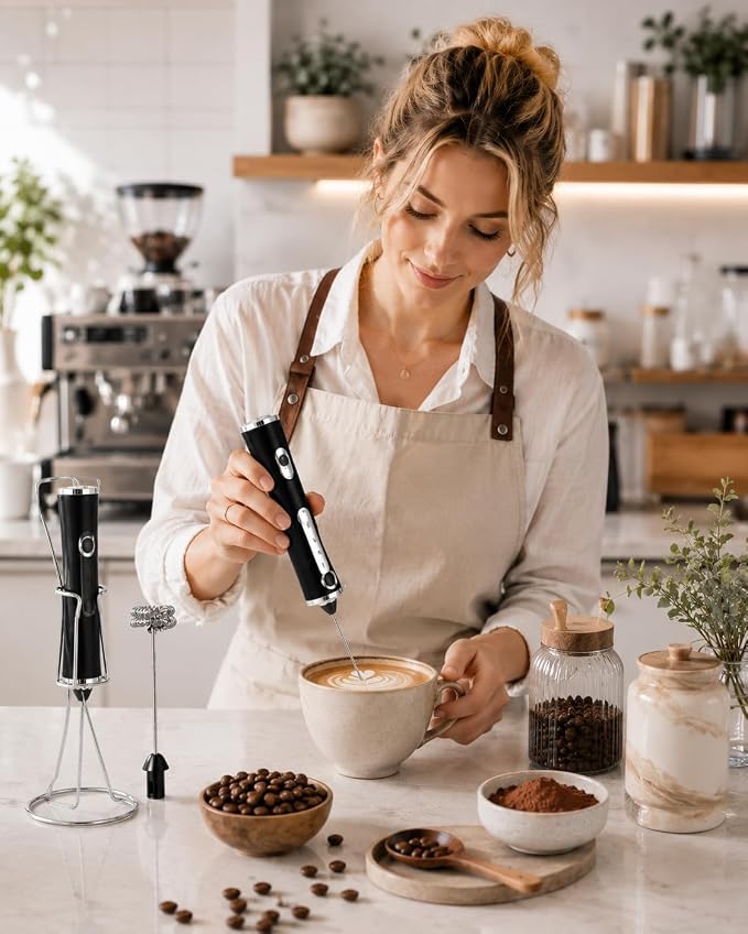 Rechargeable Milk Frother Handheld, Electric Coffee Frother with 2 Whisk, 3-Speed Powerful Drink Mixer, USB-C, Milk Foamer for Coffee,Latte,Cappuccino,Matcha & HotChocolate (Black+Stand)