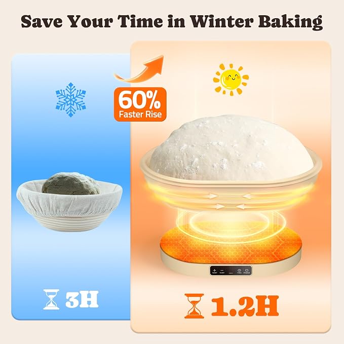 Heating Complete Sourdough Starter Kit, 4L Electric Thermostatic Silicone Oval Foldable Banneton Bread Proofing Basket with 6 Timer & Temp Settings for Dough Rising, Dishwasher Safe, Bread Making Kit