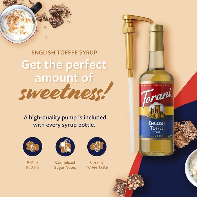 Torani Coffee Syrup, English Toffee Flavored Syrup for Drinks, Glass Bottle 4-Pack, Pumps Included, 25.4 Fl Oz Ea
