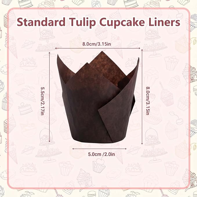 200 Pcs Brown Tulip Cupcake Liners for Baking, Standard Size | Standard Greaseproof Tulip Muffin Liners for Baking, 3oz Brown Paper Cupcake Wrappers for Party Wedding Birthday