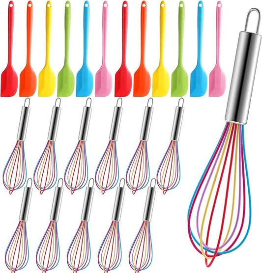 Baderke 24 Pcs Small Silicone Spatula and Whisks Set Bulk for Cooking Mini Whisk Spatula Non Stick Flexible Kitchen Baking Mixing Tool Cookware for Cooking Party Favor Gift Supplies (8 Inch)