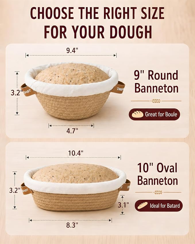 Banneton Bread Proofing Basket Set, 9 Inch Round and 10 Inch Oval Cotton Rope Bread Proofing Basket with Liners and Covers, Sourdough Proofing Basket for Boule Batard Bread Baking Supplies