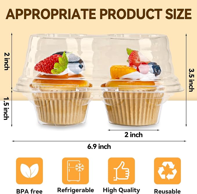 NPLUX 2 Count Cupcake Containers 75 Pack Cupcake Holder with Connected Airtight Lid Cupcake Boxes for 150 Cupcakes Muffins, BPA Free, Standard Size