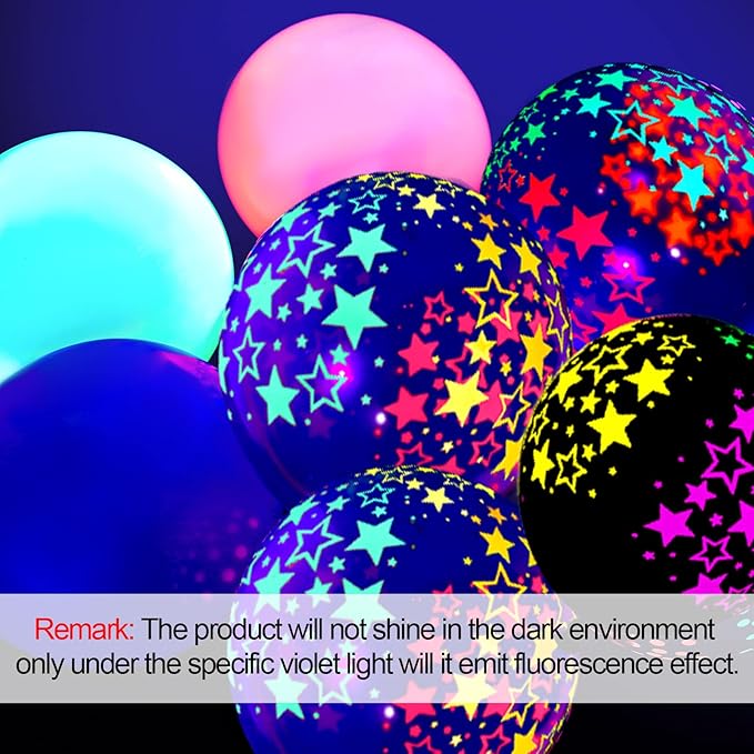 Skylety 32 Pcs Glow in The Dark Party Supplies Neon Party Favors with 25 Fluorescent Balloon 6 Rolls 98.4 ft UV Blacklight Luminous Tape 14.4 ft Neon Streamer Garland for Adults(Glitter Star)