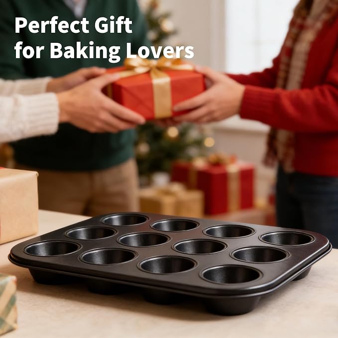 2 Pack 12-Cup Mini Muffin Pan, Heavy-Duty Carbon Steel Nonstick Cupcake Baking Pan, 1.54” Small Size Cups, Even Heat Distribution, Oven & Dishwasher Safe (Black)
