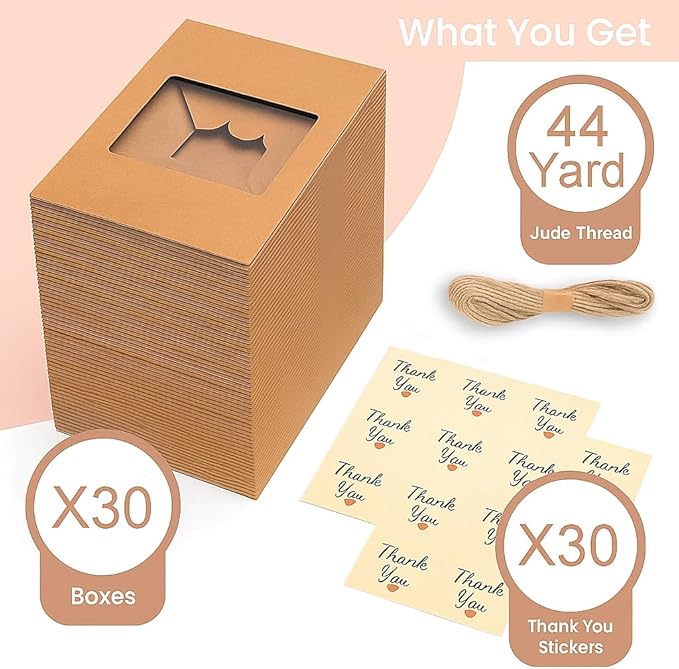 Leafiew 30 Pack Cookie Boxes with Window for Gift Giving – 9x6x3 Inches Bakery Boxes - Small Cookie Containers for Treats, Desserts, Strawberries, Cupcake, Pastry, Charcuterie, Baked Goods (Brown)