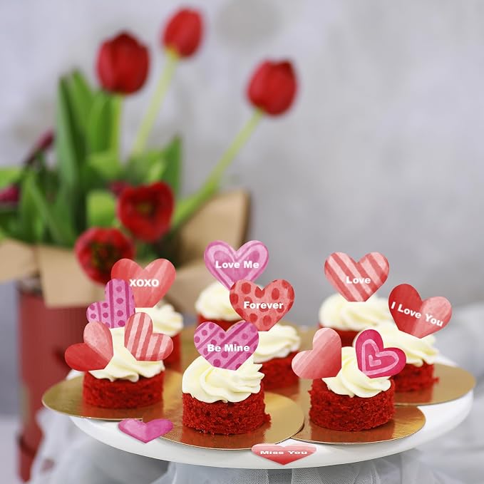88PCS Edible Heart Cupcake Toppers Sweet Love Be Mine Kiss Me Heart Cupcake Picks Happy Valentine's Day Heart Cake Decor for Valentine's Day Theme Party Decoration Supplies