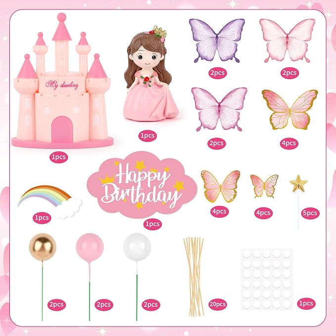 Hooqict 33PCS Princess Cake Decorations Set with Butterflies, Balls, Castle Cake Toppers & Cupcake Toppers for Girls Princess Birthday Party Decorations Tea Party Supplies