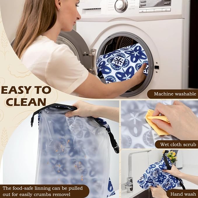 2 Pack Reusable Bread Bags for Homemade Bread, 17"×13" Sourdough Bread Storage Bags with Bowl Cover - Keep Loaf Fresh and Easy to Wash(Blue Gemstone Floral)