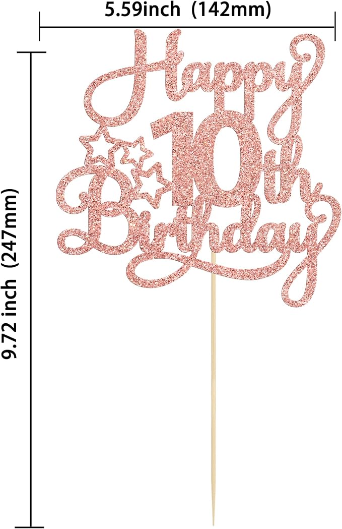 1 Pack Happy 10th Birthday Cake Topper Glitter Heart Star 10 Fabulous Cake Pick Birthday Sign Cake Decorations for Children 10th Birthday Theme Party Supplies Rose Gold