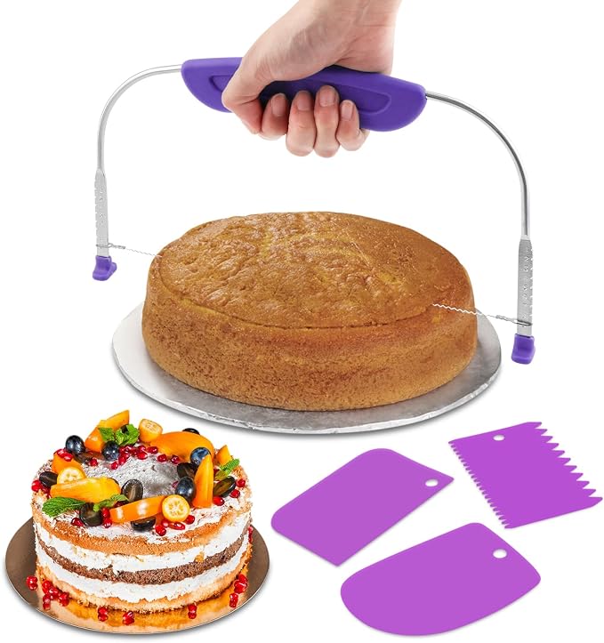 Adjustable Cake Leveler Cutter With 3PCS Cake Scrapers Set,Baking Supplies Tool for Kitchen,Large Size Cake-Cutter Slicer for Leveling,Single Stainless Steel Wire & Plastic Handle(COLOR:Purple)