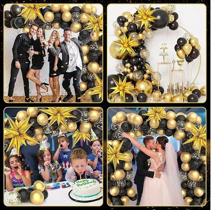128Pcs Back to School Black and Gold Balloon Arch Kit, Explosion Star Black and Metallic Gold Balloons 18/12/10/5 Inch Balloons for Birthday Anniversary Retirement Wedding Graduation Decorations