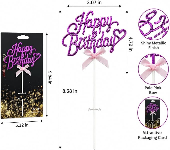 Purple Acrylic Happy Birthday Cake Topper with Heart and Bow | Glossy purple acrylic script with heart and bow adds an elegant finishing touch to birthday cakes and celebration desserts.