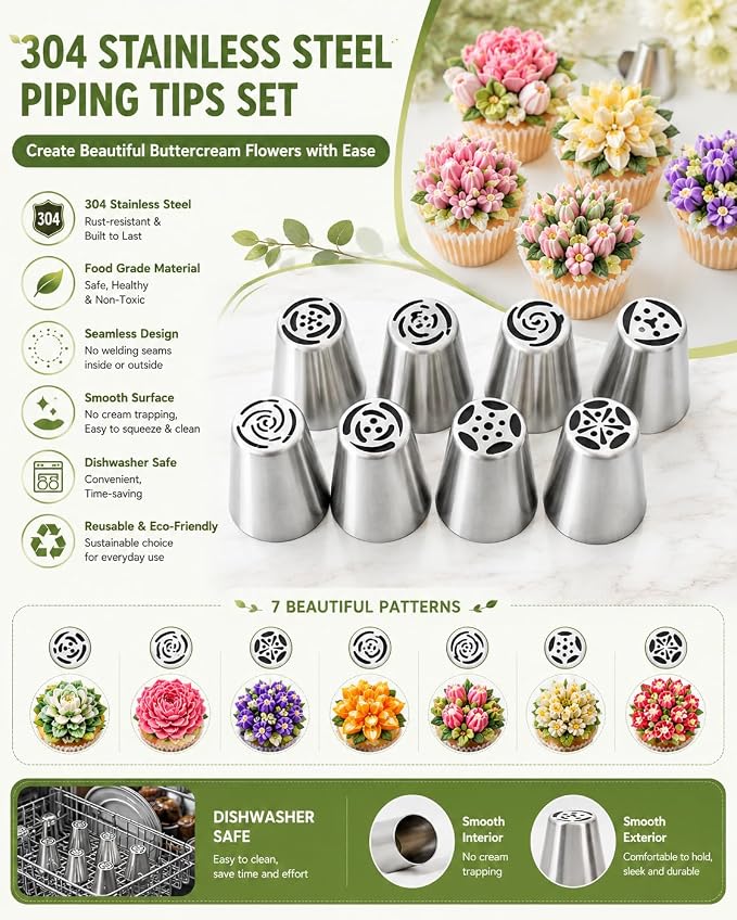 7 Pcs Large Russian Piping Tips Set, Stainless Steel Flower Frosting Nozzles, One-Press Cake Decorating Tips for Buttercream, Cupcakes, Cakes– Dishwasher Safe