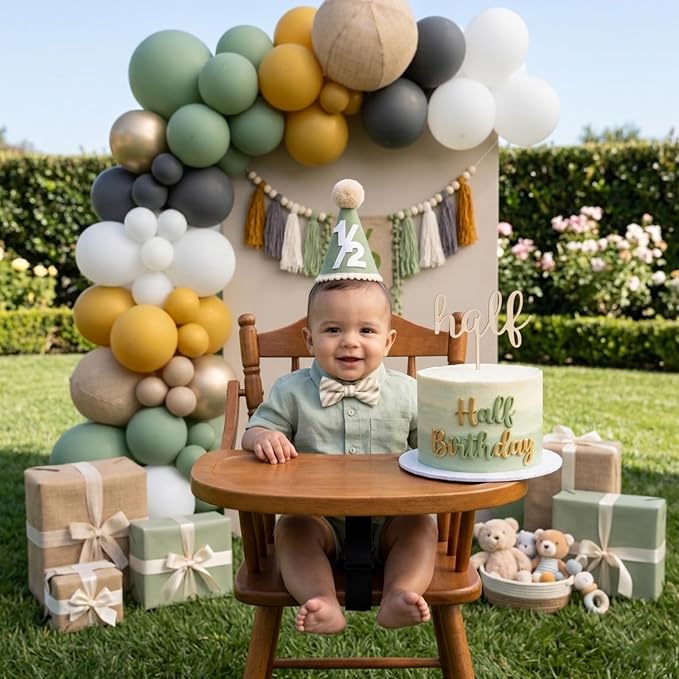 CWK Half Birthday Decorations for Baby, 1/2 Birthday High Chair Banner with Cone Hat & Cake Topper, Half Way to One Party Kit, Photo Props for 6 Month Baby Birthday(Green)