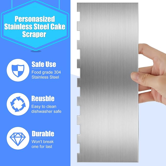 Geiserailie 4 Pieces Stainless Steel Cake Ice Scraper Metal Smoother Large Double Sided Patterned Edge Stripe 9 Inch Metal Cake Decorating Comb for Icing Mousse Butter Cream Decoration, 4 Styles