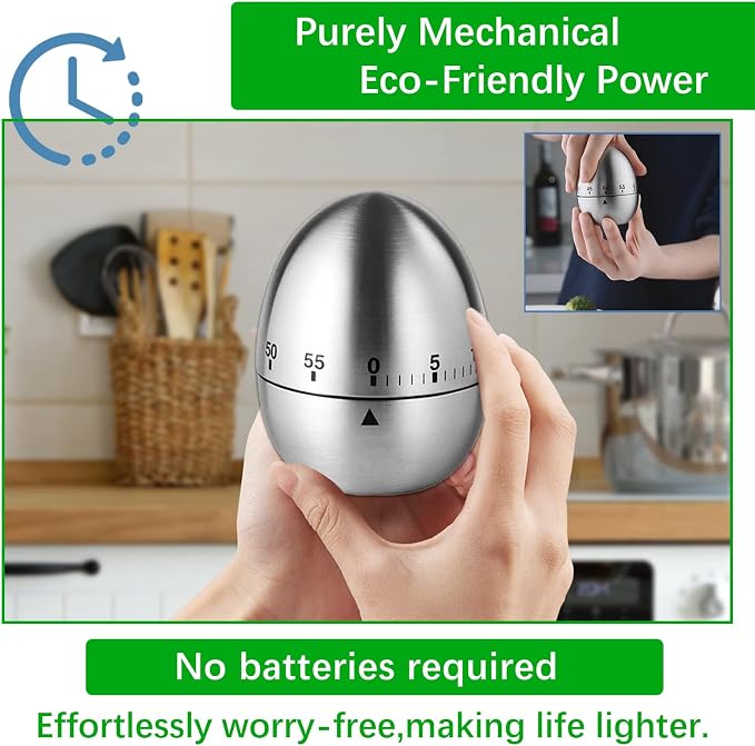 Stainless Steel Mechanical Kitchen Timer, Classic Egg Shape 60-Minute Manual Countdown, Professional Matte Silver Visual Timer for Hard Boiled Eggs, Baking & Professional Chef (Silver)