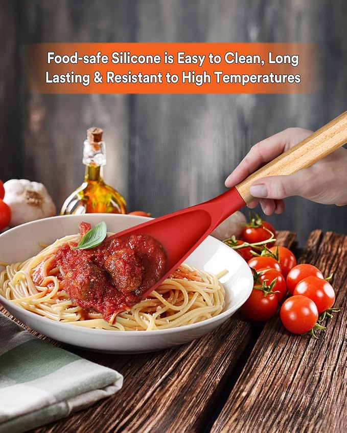 Cooking Spoon for Nonstick Cookwares, Great for Cooking and Serving Sturdy BPA-Free Matte Silicone, Wood Handle Spoon for Mixing, Scoop, and Scrape (2 Pack of Red, 13.4 inch)