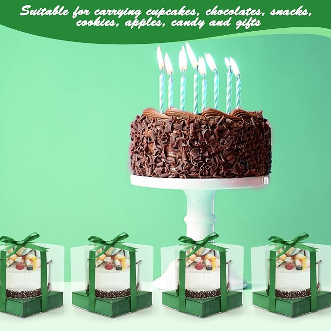 12 Pack Clear Plastic Cupcake Boxes, 3.5 Inch Gold Single Cupcake Containers Disposable Individual Cup Cake Carrier Holder Boxes with Inserts and Ribbon (Green)