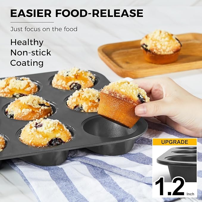 HONGBAKE Non-Stick Muffin Pans, Cupcake Pan with Silicone Baking Cups, 2 Pack Non toxic Healthy Muffin tin, Heavy duty-Dark Grey