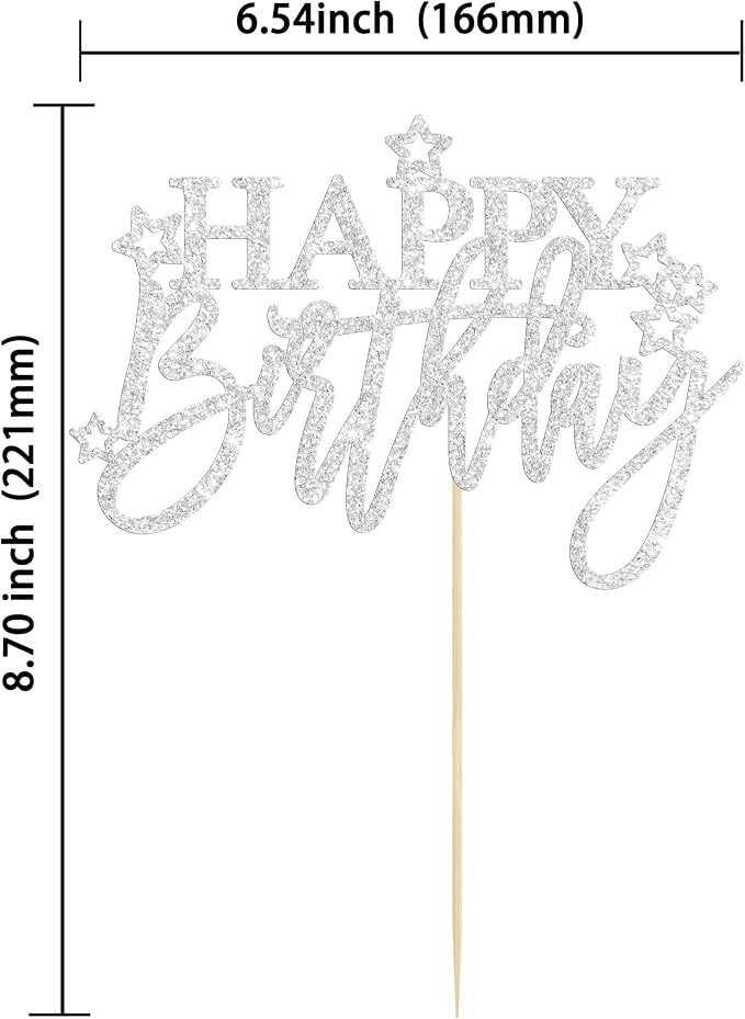 Gyufise 1Pcs Happy Birthday Cake Topper Glitter Cake Pick for Celebrating Anniversary Theme Party Cake Decorations Supplies Light Silver