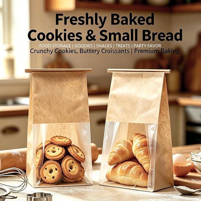 Cookie Bakery Bags with Window Small Bread Baked Goods Packaging Tin Tie Tab Closure for Candies, Treats, Snack - Brown Kraft Paper 45 Pcs 11x5.1x3.9 Inch