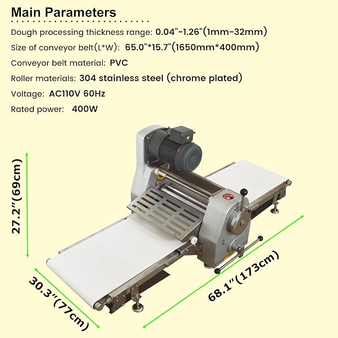 110V Commercial Dough Sheeter 400W Dough Laminator with 0.04"-1.26" Adjustable Thickness Range, 1650mm×400mm PVC Conveyor Belt for Pastry Bakery