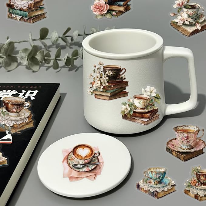 Vintage Coffee Books Flowers Aesthetic Transparent Stickers for Cup, 50PCS Retro Cafe Book Flora Art Waterproof Stickers for Water Bottle,Laptop,Journal,Scrapbook, Coffee Bar Decals