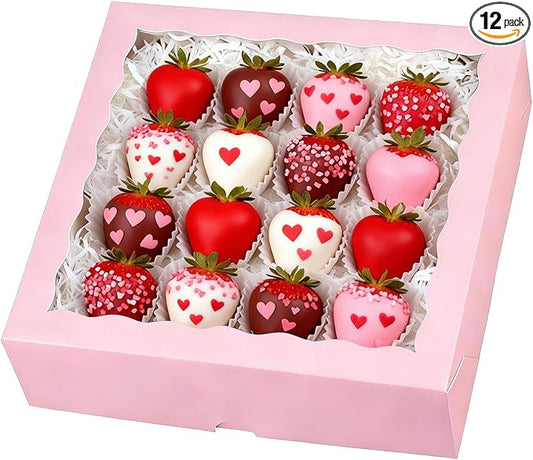 Pie Boxes Pink Bakery Boxes with Window (12pcs, 9x9x2.5 Inch) for Christmas: Ideal for Pie, Cookies, Chocolate Covered Strawberries, Breakable Heart & Charcuterie