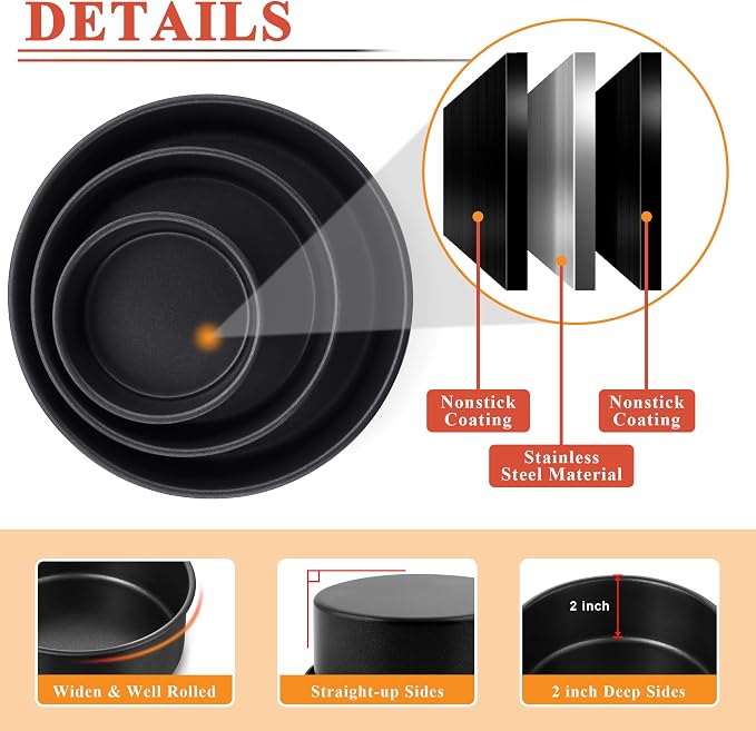 E-far Nonstick Cake Pan Set of 3, 5/7/9 Inch Stainless Steel Baking Pans Tins, Round Bakeware for Layer Cakes, Stainless Steel Core & Non-Toxic Coating, Straight Side & 2 Inch Deep