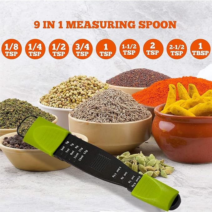 Adjustable Measuring Spoon, 9-in-1 Teaspoon Tablespoon Sliding, Space Saving, 1/8 TSP to 1 TBSP, Dry & Liquid, Double-Ended, Dishwasher Safe, Food-Grade Plastic - Performore, Black & Green